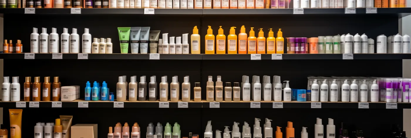 Shelves of professional hair-care products in a salon